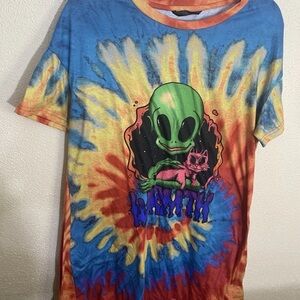 Psychedelic Alien Cat Tiedye Tshirt Multicolor Graphic Tee Long Size L/XL